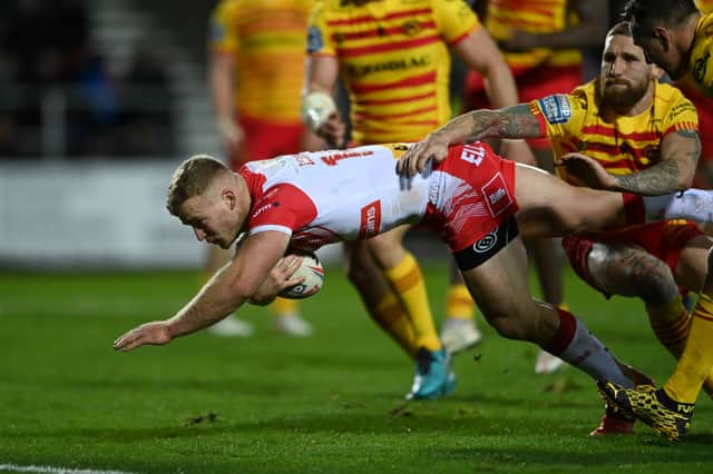 Joey Lussick of St Helens in action. Photo: Gareth Copley/Getty Images