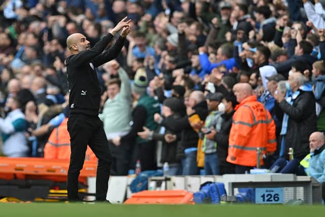 Pep Guardiola reacted passionately to Gabriel Jesus’s goal at the Etihad. Credit: Getty.