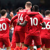 Liverpool celebrate scoring against Man City. Picture: Andrew Powell/Liverpool FC via Getty Images