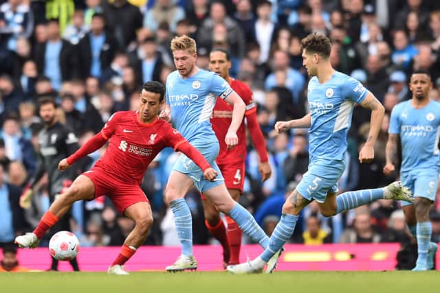 Thiago Alcantara on the ball for Liverpool against Man City. Picture: Andrew Powell/Liverpool FC via Getty Images