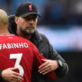 Liverpool manager Jurgen Klopp with midfielder Fabinho. Picture: Andrew Powell/Liverpool FC via Getty Images