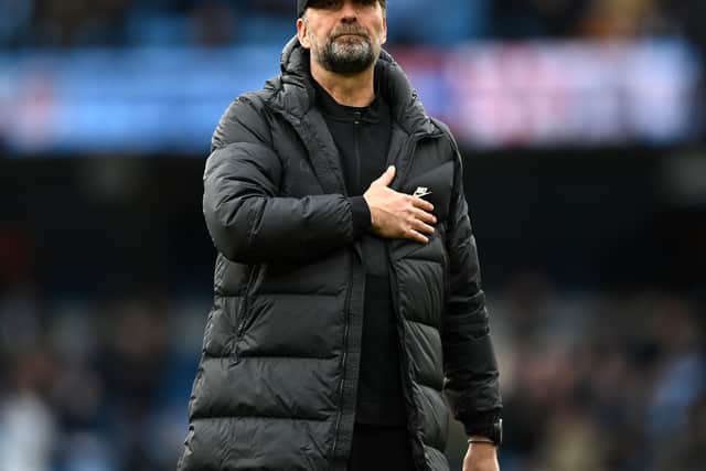 Jurgen Klopp acknowledges the Liverpool fans after the Premier League match against Manchester City at the Etihad Stadium. Photo: Shaun Botterill/Getty Images