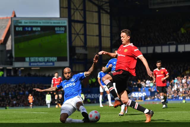 Fabian Delph makes a tackle during Everton’s defeat of Man Utd. Picture: ANTHONY DEVLIN/AFP via Getty Images