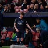 Kevin De Bruyne was taken off with an injury against Atletico Madrid. Credit: Getty.