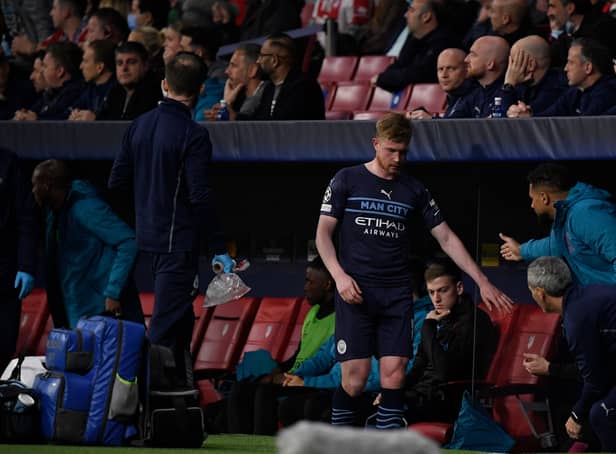 <p>Kevin De Bruyne was taken off with an injury against Atletico Madrid. Credit: Getty.</p>