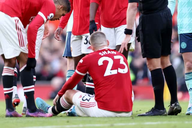Man Utd defender Luke Shaw down injured. Picture: Naomi Baker/Getty Images