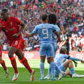 Ibrahima Konate of Liverpool celebrates  after scoring the opening goal against Manchester City. Photo: John Powell/Liverpool FC via Getty Images