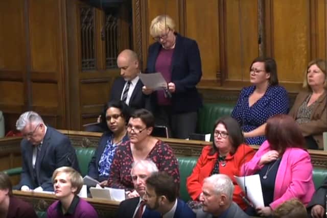 Dame Angela Eagle, Labour MP for Wallasey, questions Boris Johnson in the House of Commons. Image: Parliament TV