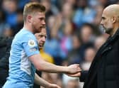 Man City midfielder Kevin De Bruyne and manager Pep Guardiola. Picture: Gareth Copley/Getty Images