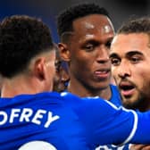 Everton trio Ben Godfrey, Yerry Mina and Dominic Calvert-Lewin missed the Merseyside derby against Liverpool. Picture: Peter Powell/ Getty Images 
