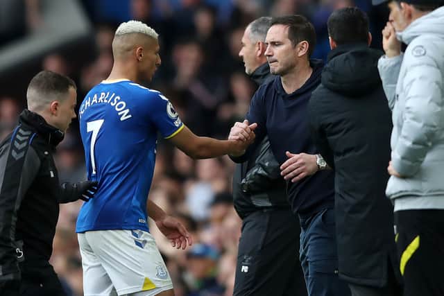 Frank Lampard congratulates Richarlison after the Brazilian scored the winning goal in Everton’s 1-0 win at home to Chelsea on Sunday.  