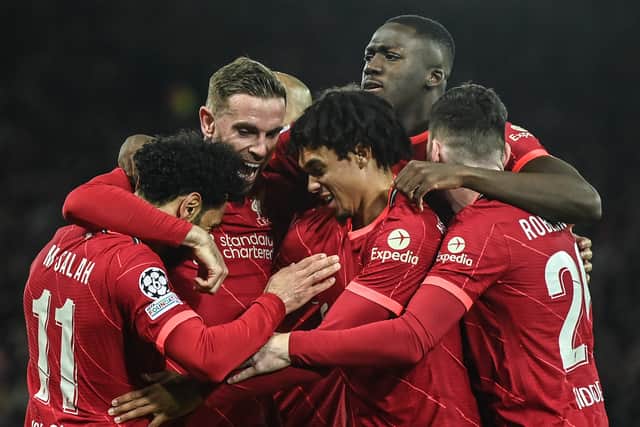 Liverpool celebrate scoring against Villarreal. Picture: David Ramos/Getty Images