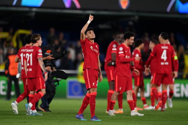 Luis Diaz of Liverpool celebrates after their sides victory during the UEFA Champions League Semi Final Leg Two match between Villarreal and Liverpool at Estadio de la Ceramica on May 03, 2022 in Villarreal, Spain. (Photo by David Ramos/Getty Images)