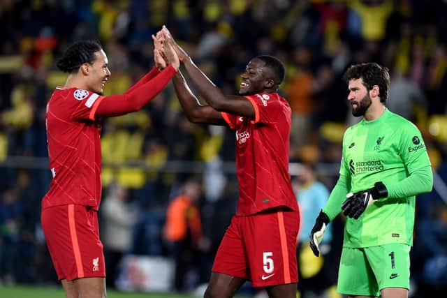 Virgil van Dijk and Ibrahima Konate of Liverpool celebrate securing a place in the Champions League final. Picture: John Powell/Liverpool FC via Getty Images