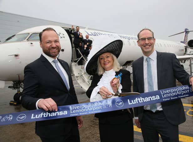 <p>(L to R) Heinrich Lange, High Sheriff Lesley Martin-Wright and John Irving cutting the ribbon on Lufthansa’s new Frankfurt service from Liverpool.  Photo: LJLA</p>