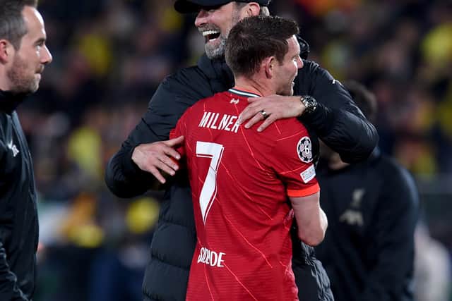 Jurgen Klopp celebrates reaching the 2022 Champions League final with James Milner. Picture: John Powell/Liverpool FC via Getty Images