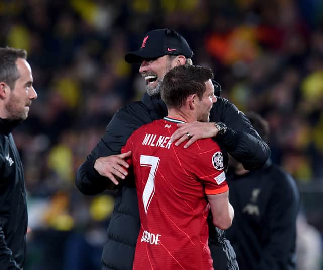 Jurgen Klopp celebrates reaching the 2022 Champions League final with James Milner. Picture: John Powell/Liverpool FC via Getty Images