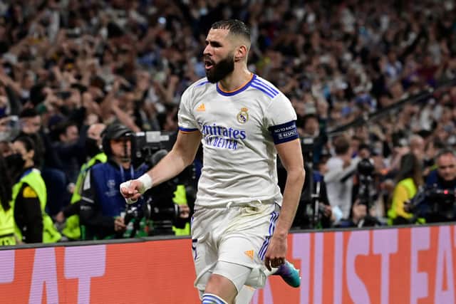 Karim Benzema celebrates scoring Real Madrid’s match-winner against Man City. Picture: JAVIER SORIANO/AFP via Getty Images