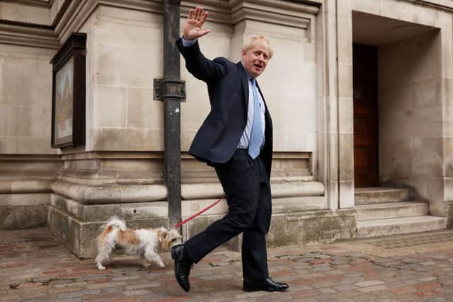 Prime Minister Boris Johnson arrives with his dog Dilyn to vote at Methodist Central Hall, central London (Photo: Getty Images)