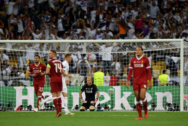 Loris Karius of Liverpool looks dejected after conceding vs Real Madrid in the 2018 Champions League final.
