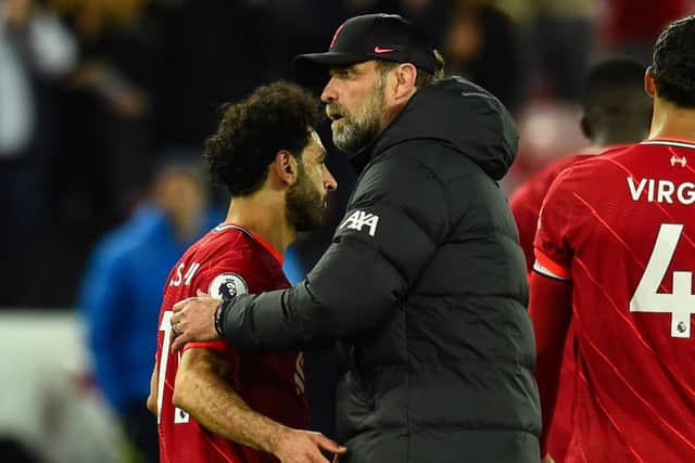 Jurgen Klopp with Mo Salah after Liverpool’s draw against Tottenham. Picture: Andrew Powell/Liverpool FC via Getty Images