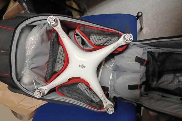 The drone and rucksack seized by police. Image: Merseyside Police