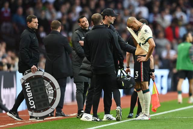 Liverpool midfielder Fabinho was taken off in the first-half after pulling up and holding his hamstring 