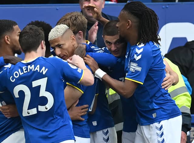 Everton celebrate Richarlison scoring in the 1-0 defeat of Chelsea. Picture: PAUL ELLIS/AFP via Getty Images