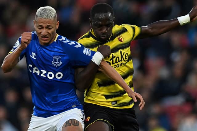 Richarlison battles for the ball for Everton against Watford. Picture: GLYN KIRK/AFP via Getty Images