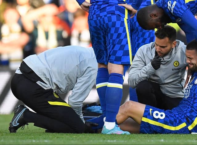 Mateo Kovacic receives treatment during Chelsea’s win at Leeds. Picture: OLI SCARFF/AFP via Getty Images