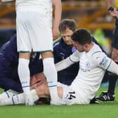 Aymeric Laporte receives treatment during Man City’s win at Wolves. Picture: Catherine Ivill/Getty Images