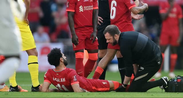 <p>Mo Salah came off injured in Liverpool’s FA Cup triumph over Chelsea. Picture: Mike Hewitt/Getty Images</p>