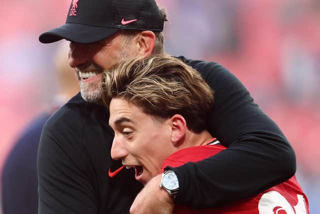 Jurgen Klopp celebrates with Kostas Tsimikas after Liverpool’s FA Cup triumph. Picture: Mike Hewitt/Getty Images