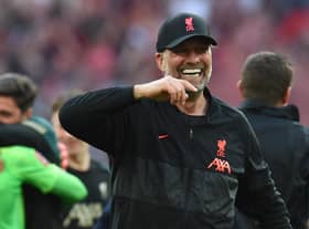 Jurgen Klopp celebrates Liverpool’s FA Cup triumph after the final whistle at Wembley. Picture: John Powell/Liverpool FC via Getty Images