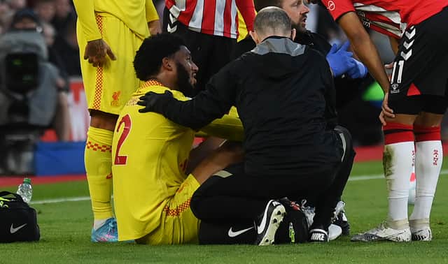 Joe Gomez came off injured in Liverpool’s win at Southampton. Picture: Mike Hewitt/Getty Images