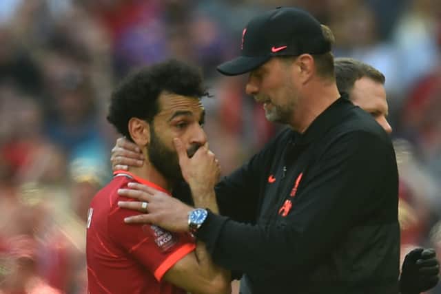 Mo Salah goes off injured during Liverpool’s FA Cup final win over Chelsea. Picture: Andrew Powell/Liverpool FC via Getty Images