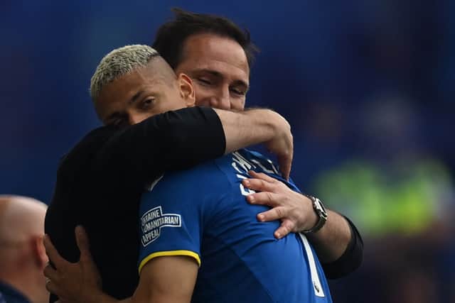 Frank Lampard embraces Everton forward Richarlison. Picture: PAUL ELLIS/AFP via Getty Images
