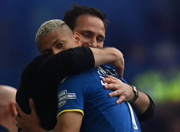 <p>Frank Lampard embraces Everton forward Richarlison. Picture: PAUL ELLIS/AFP via Getty Images</p>