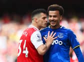 Dele Alli and Granit Xhaka share a few choice words during Everton’s 5-1 defeat at Arsenal 