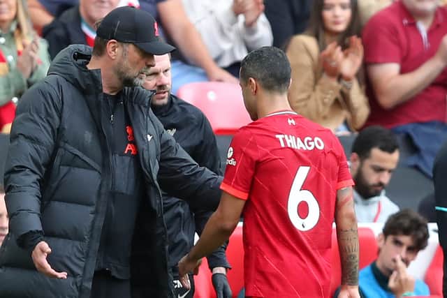 Thiago Alcantara came off injured in Liverpool’s defeat of Wolves. Picture: Alex Livesey/Getty Images
