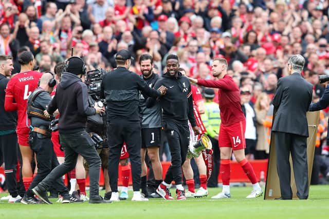 Divock Origi during Liverpool’s post-match celebrations. Photo: Alex Livesey/Getty Images