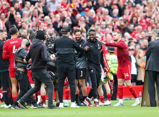 <p>Divock Origi during Liverpool’s post-match celebrations. Photo: Alex Livesey/Getty Images</p>
