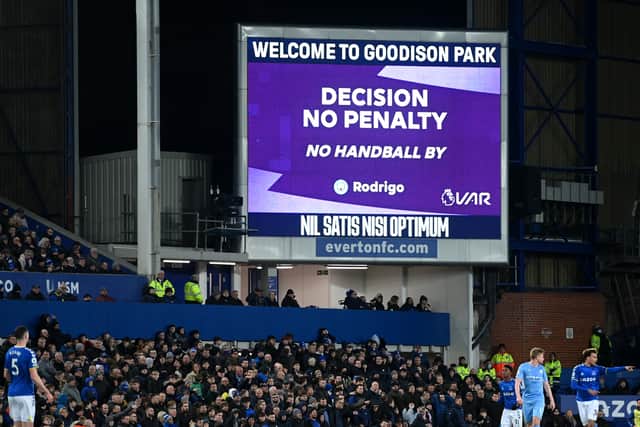Everton were denied a penalty against Manchester City in February following a VAR check. Picture: Michael Regan/Getty Images