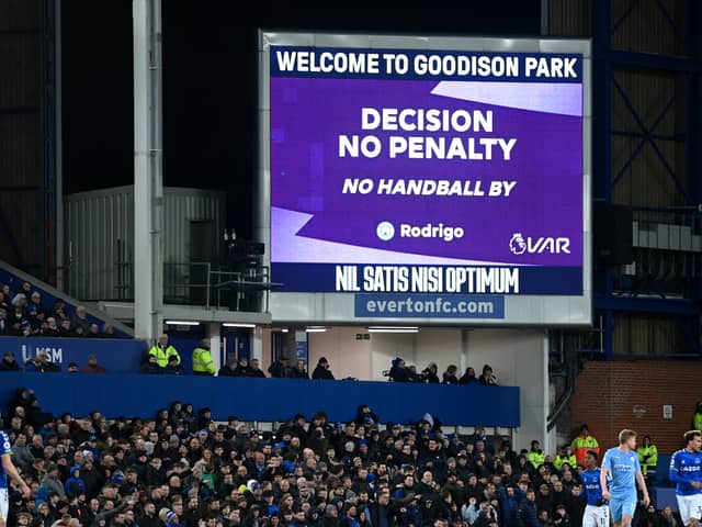Everton were denied a penalty against Manchester City in February following a VAR check. Picture: Michael Regan/Getty Images