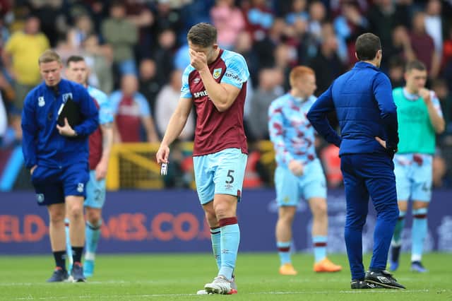 James Tarkowski dejected after Burnley’s relegation from the Premier League. Picture: LINDSEY PARNABY/AFP via Getty Images
