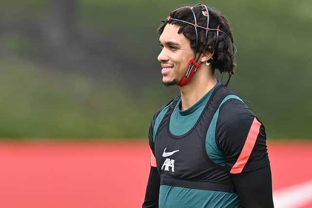 Trent Alexander-Arnold wears analytical data headgear during Liverpool training. Picture: PAUL ELLIS/AFP via Getty Images