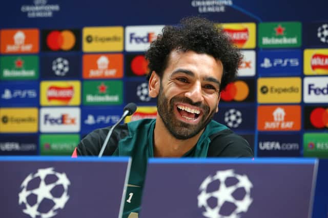 Mohamed Salah smiles during the Champions League press conference. Photo: Alex Livesey/Getty Images