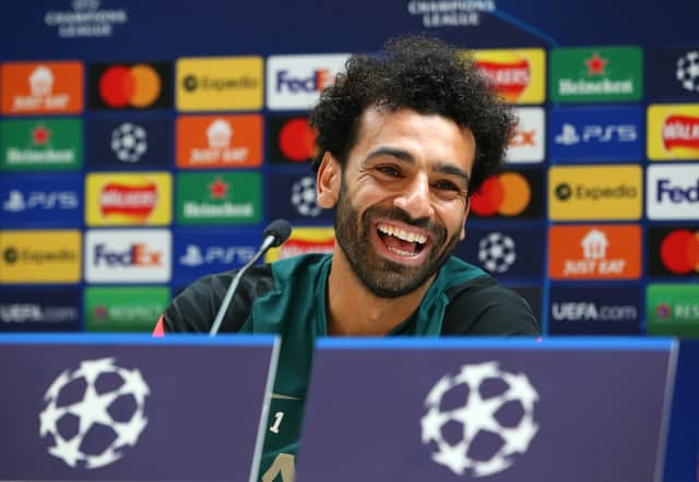 Mohamed Salah smiles during the Champions League press conference. Photo: Alex Livesey/Getty Images