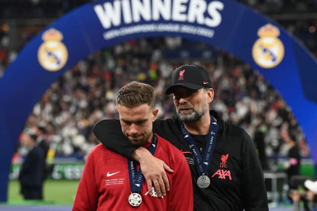 Jordan Henderson and Jurgen Klopp after Liverpool’s Champions League final loss to Real Madrid. Picture: FRANCK FIFE/AFP via Getty Images