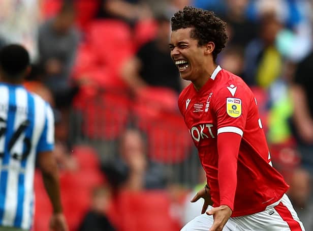 <p>Brennan Johnson celebrates Nottingham Forest’s promotion to the Premier League. Picture: Christopher Lee/Getty Images</p>